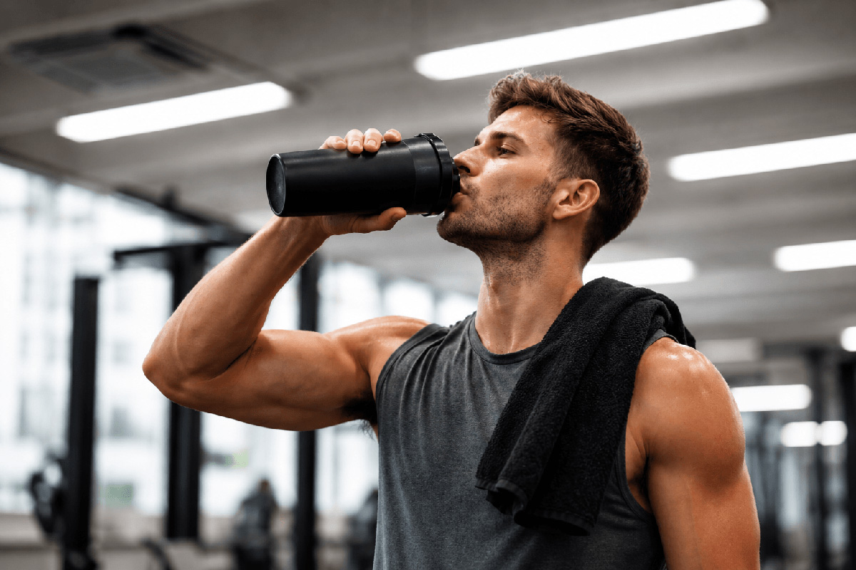 Man drinking from a shaker bottle after exercise, supporting post-workout hydration routine